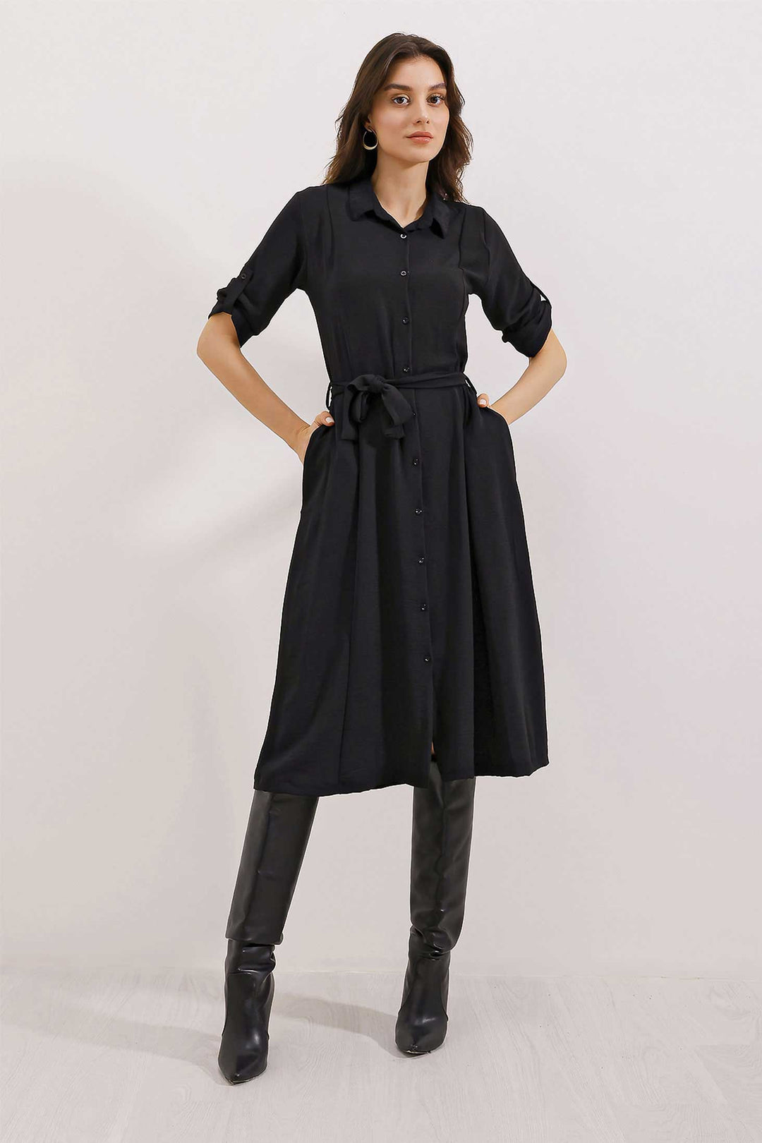 Bigdart Robe Chemise à Ceinture Noire pour Femme 2442 - Noir