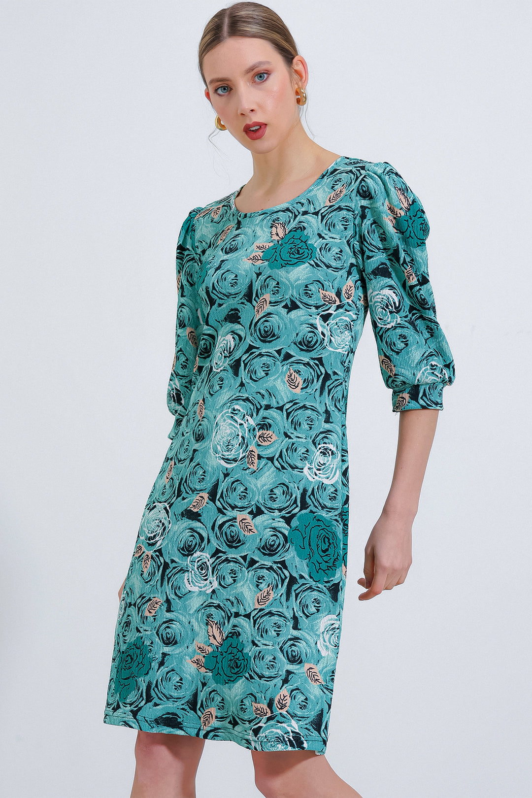 Bigdart Robe midi à motifs de rose vert d'eau pour femme 2477