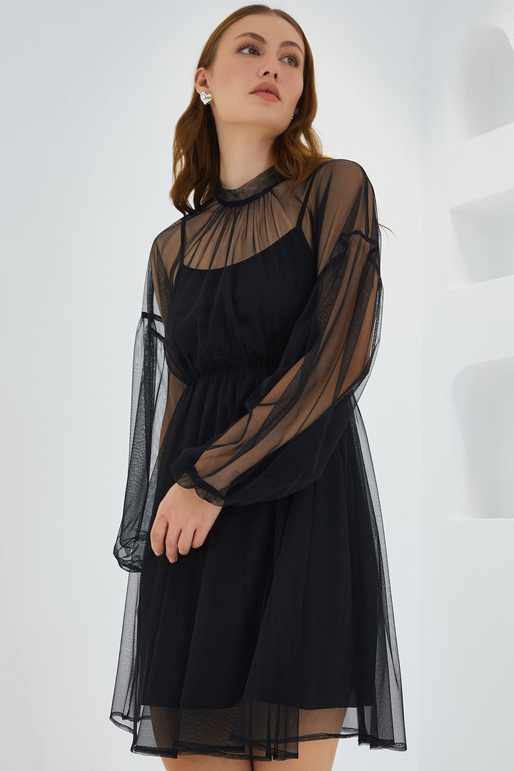 Bigdart Robe mini à détails en tulle noire pour femme 2485