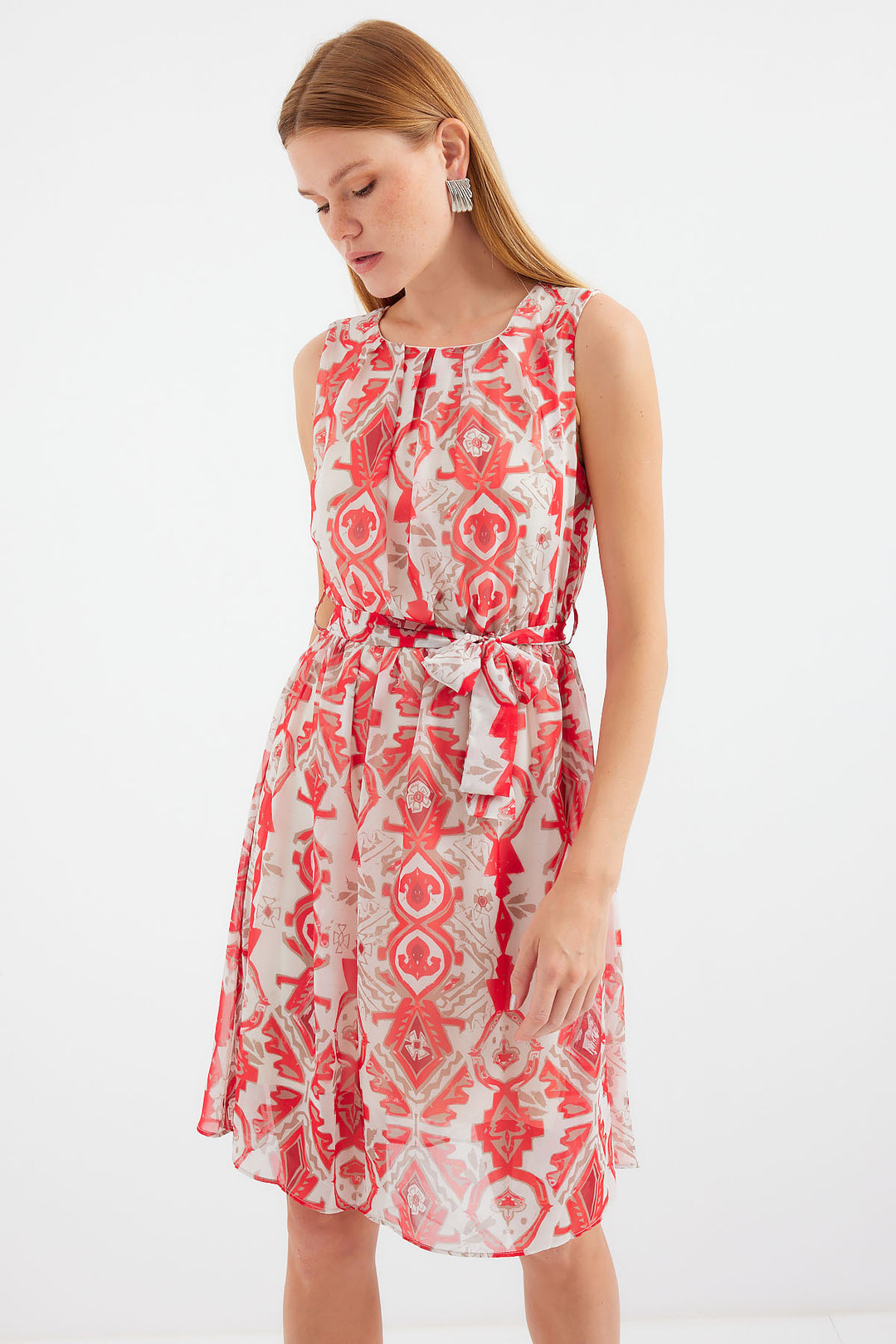 Bigdart 2501 Robe en Chiffon à Manches Courtes Imprimée - Rouge