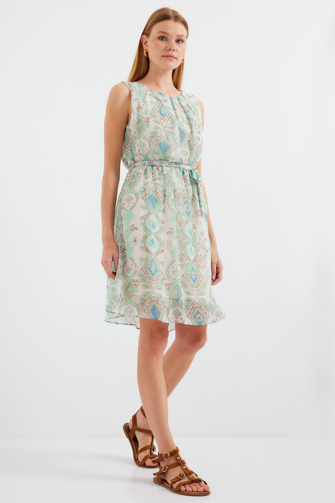 Bigdart 2501 Robe en chiffon sans manches à motifs - Menthe