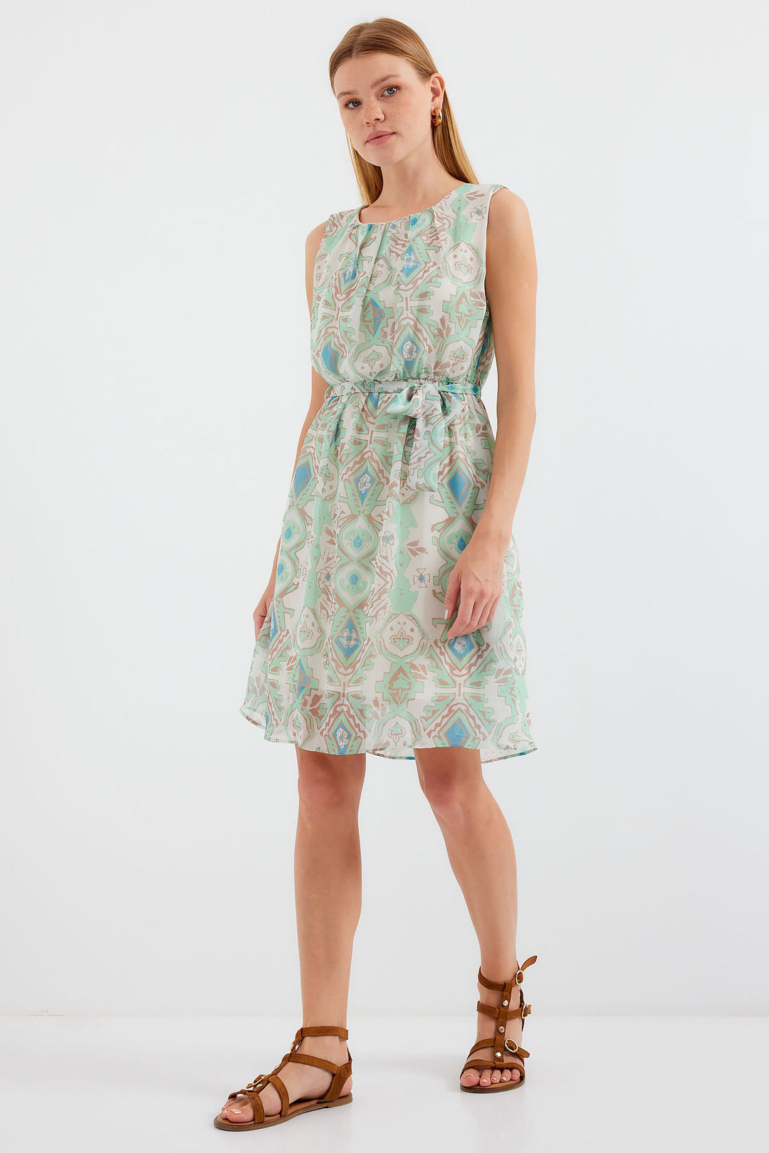Bigdart 2501 Robe en chiffon sans manches à motifs - Menthe