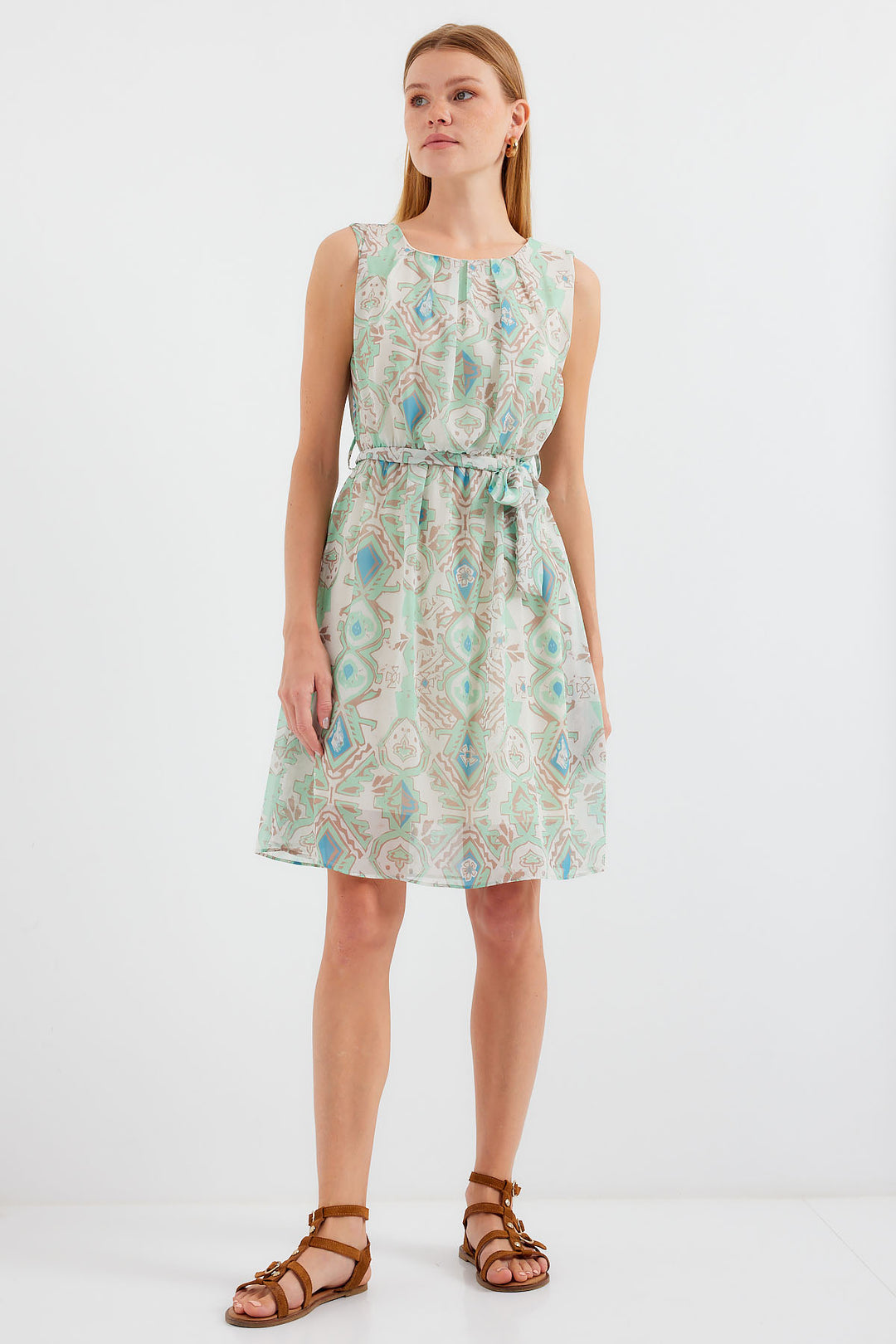 Bigdart 2501 Robe en chiffon sans manches à motifs - Menthe
