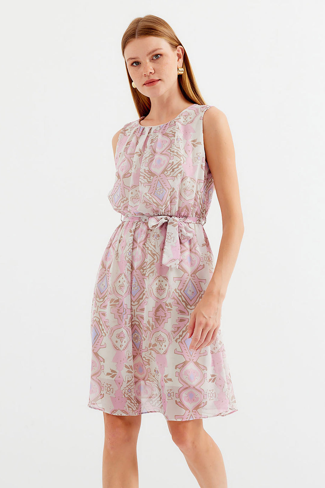 Bigdart 2501 Robe en chiffon sans manches à motifs - Rose