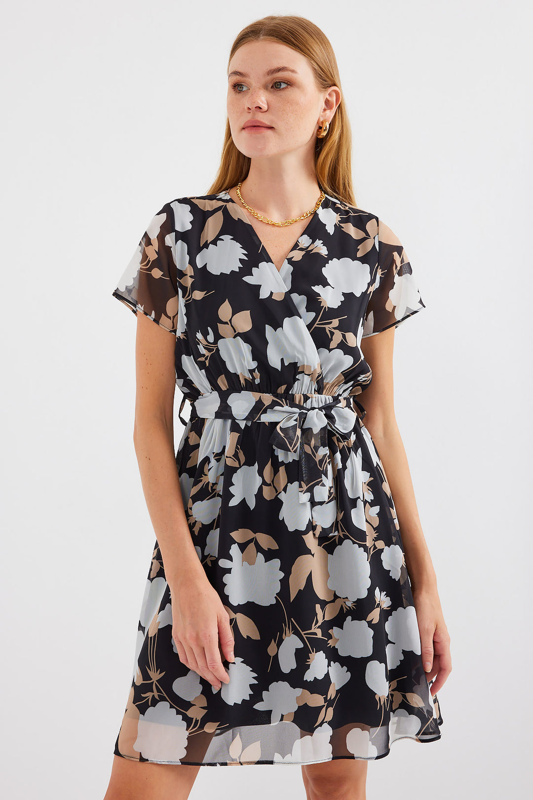 Bigdart 2502 Robe en chiffon à manches courtes à motifs - Noir
