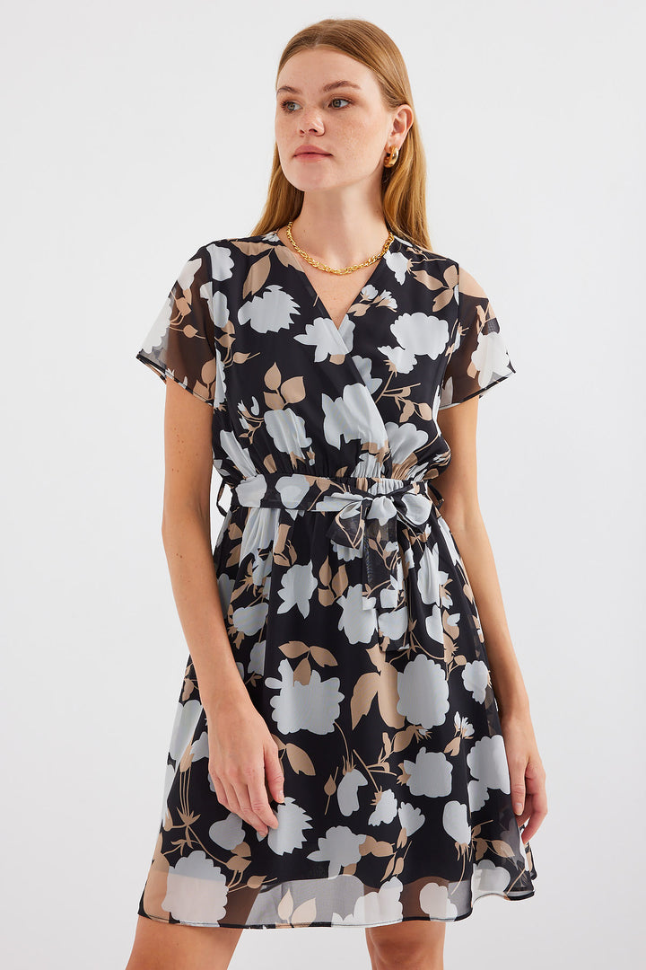 Bigdart 2502 Robe en chiffon à manches courtes à motifs - Noir