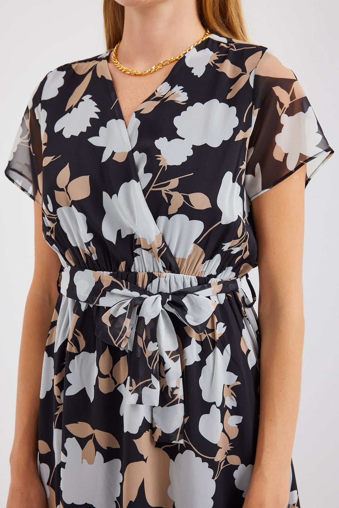 Bigdart 2502 Robe en chiffon à manches courtes à motifs - Noir