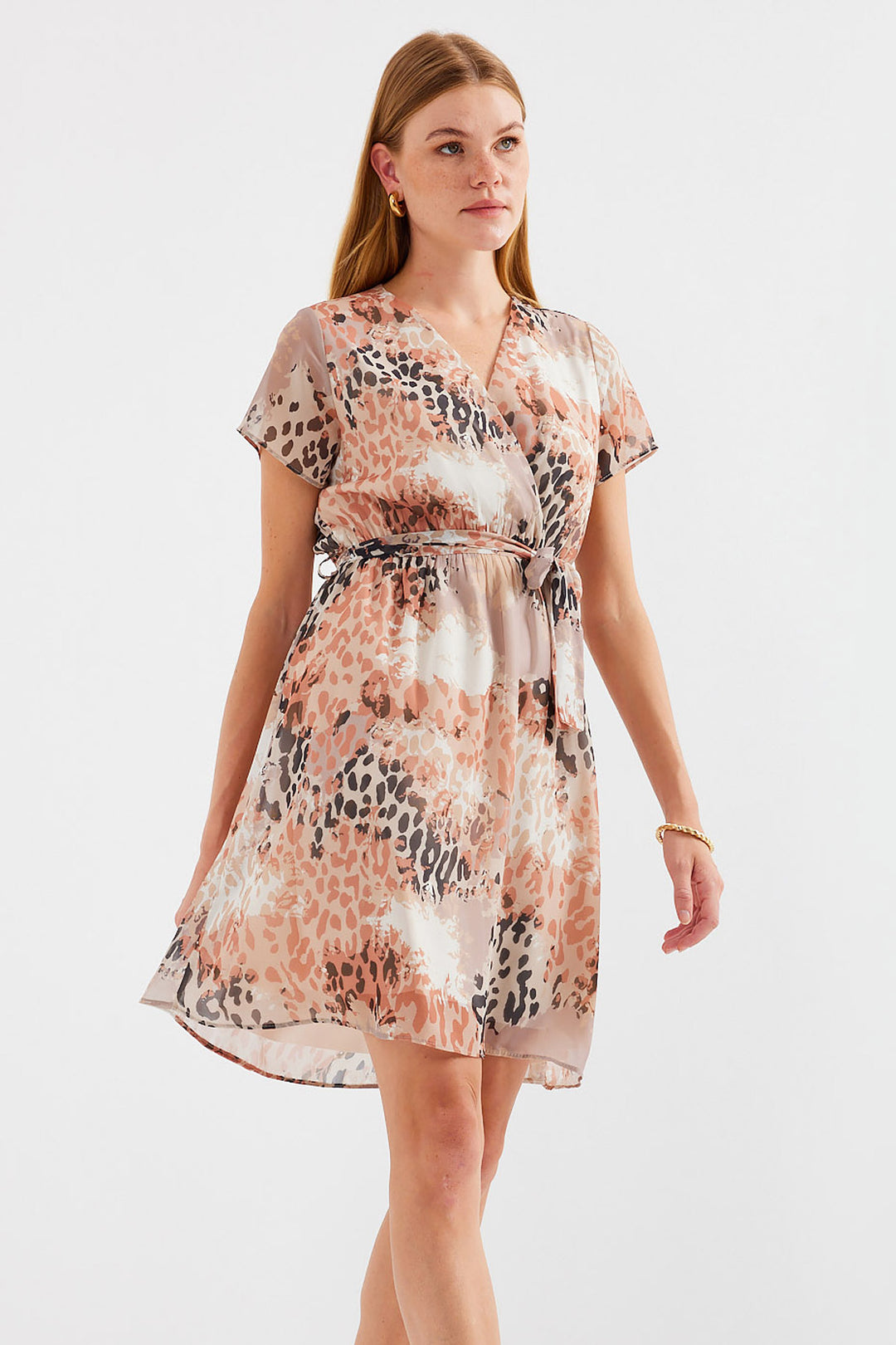 Bigdart 2502 Robe en chiffon à manches courtes à motifs - Beige