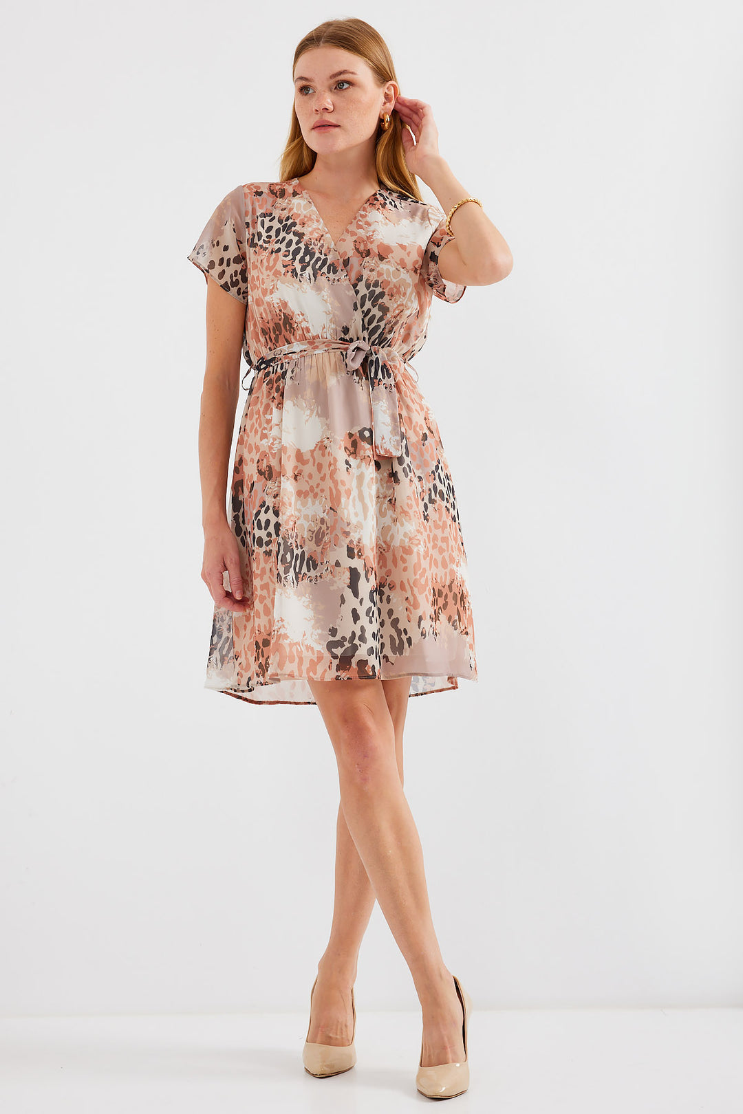 Bigdart 2502 Robe en chiffon à manches courtes à motifs - Beige