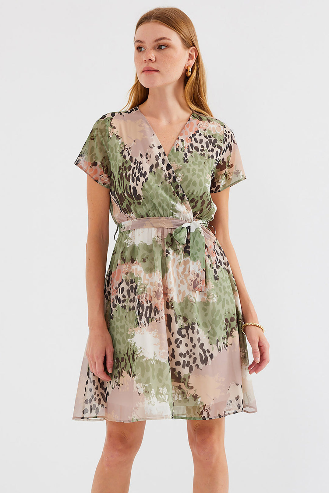 Bigdart 2502 Robe en chiffon à manches courtes à motifs - Vert d'eau