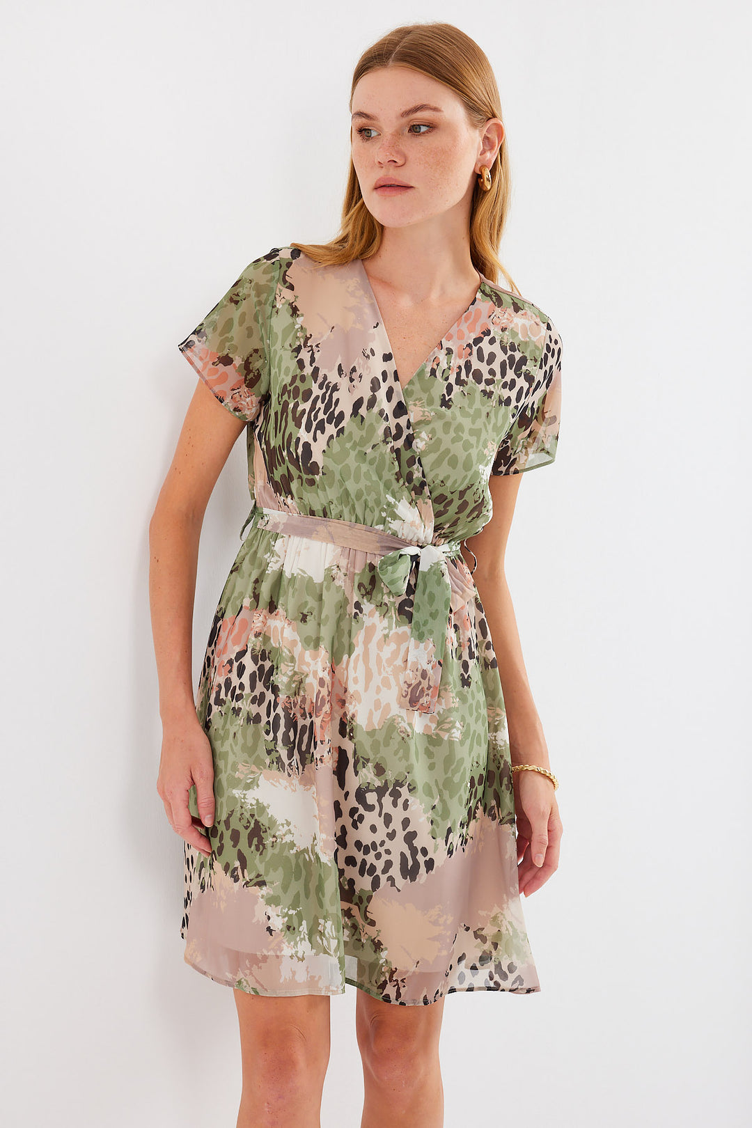 Bigdart 2502 Robe en chiffon à manches courtes à motifs - Vert d'eau