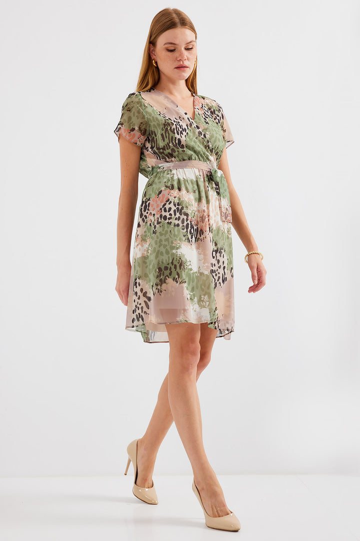 Bigdart 2502 Robe en chiffon à manches courtes à motifs - Vert d'eau