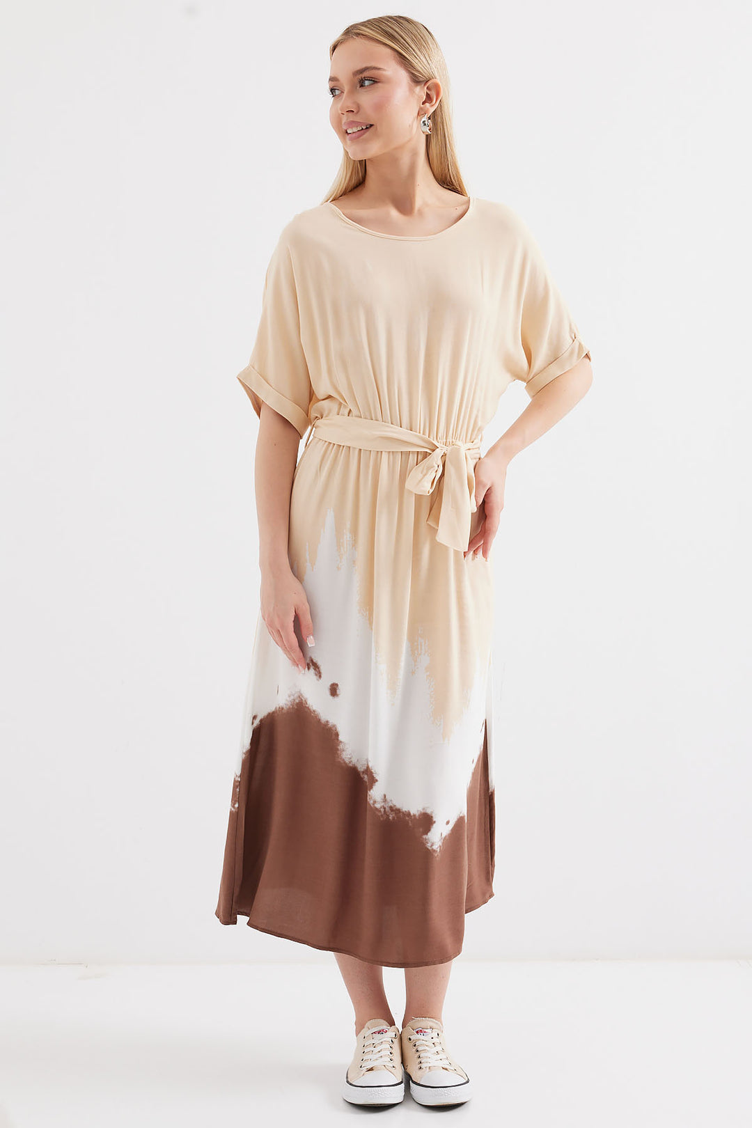 Bigdart 2504 Robe en viscose à manches courtes à motifs - Crème