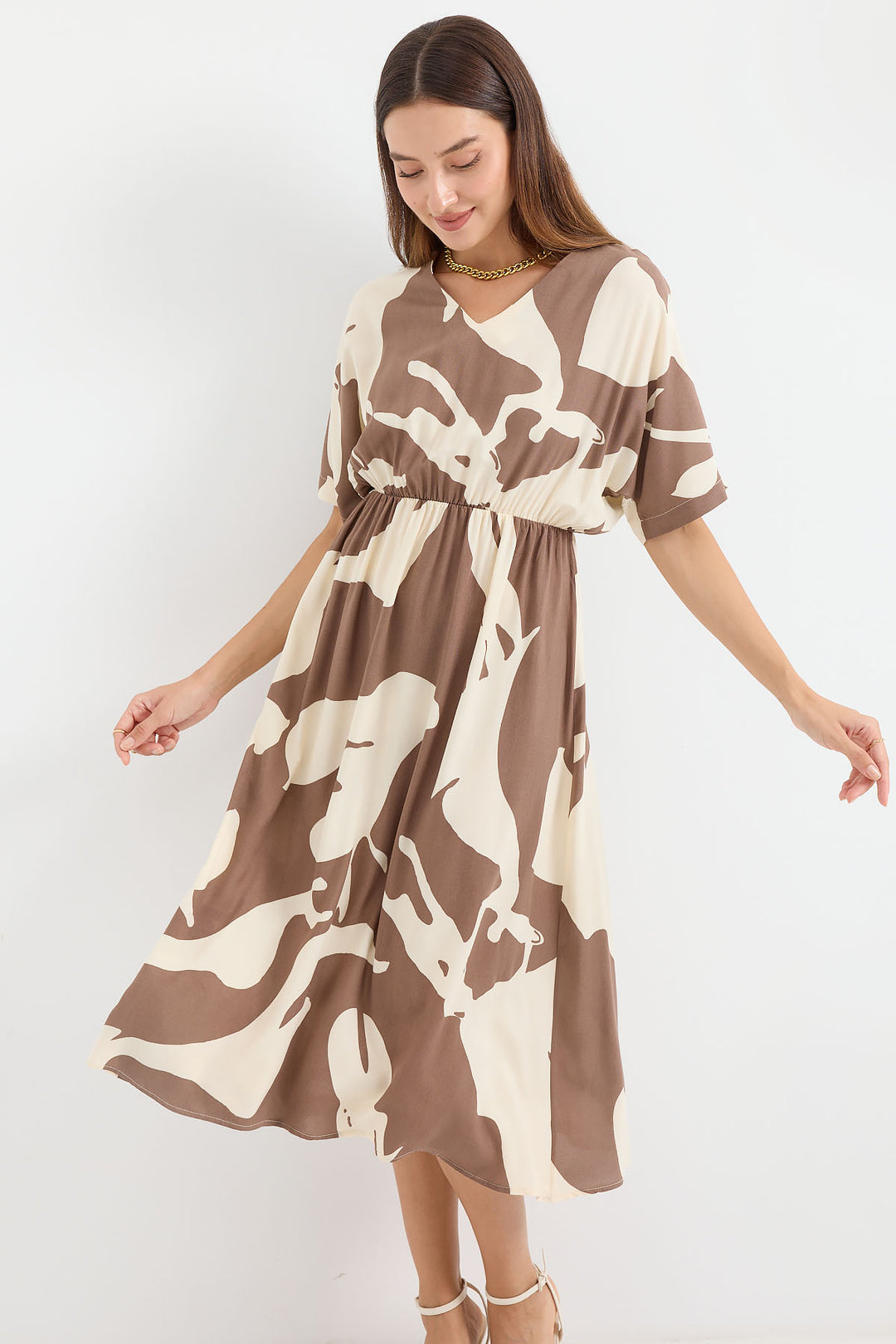 Bigdart 2511 Robe Imprimée à Taille Élastique - Marron