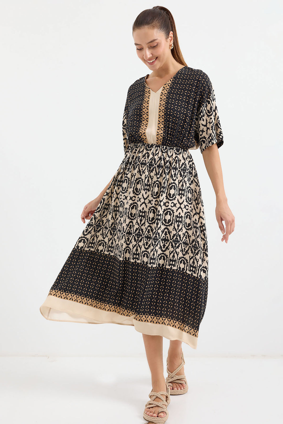 Bigdart Robe Viscose à Manches Courtes à Motifs 2517 - Noir