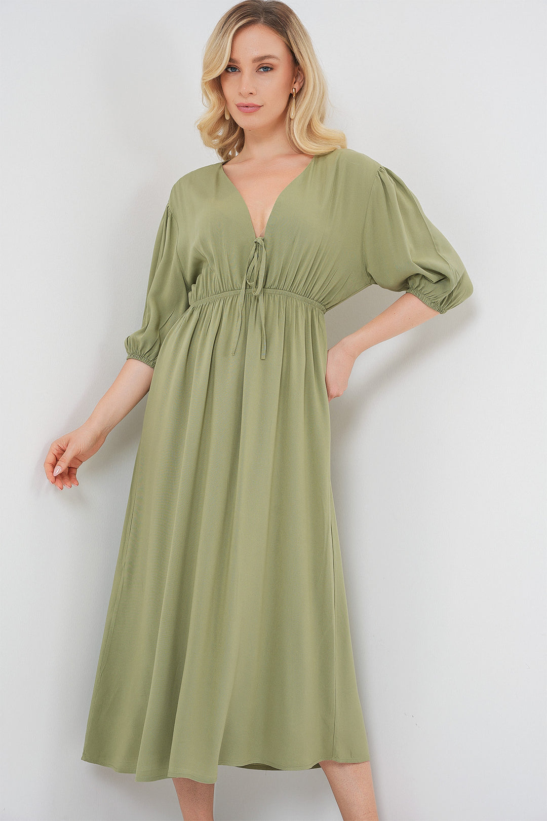 Bigdart Robe à col en V avec taille froncée pour femme 2570 - çağla