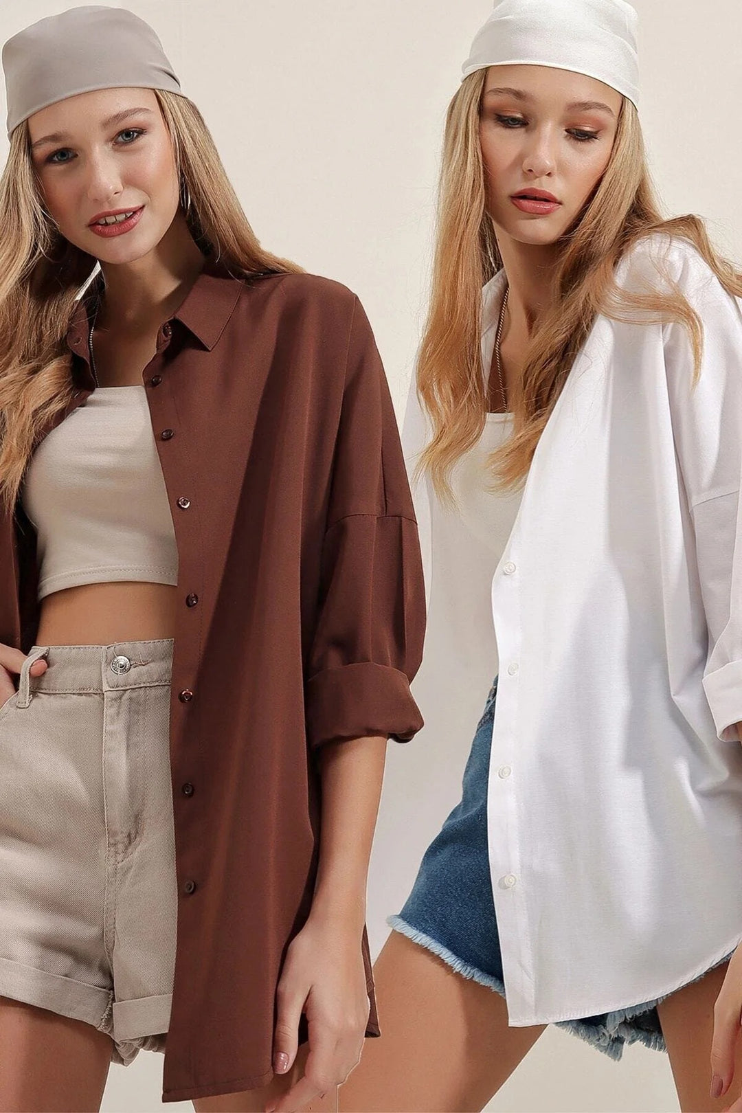 Bigdart 3900 Chemise Basique Oversize Longue Paquet de Deux - Blanc et Marron