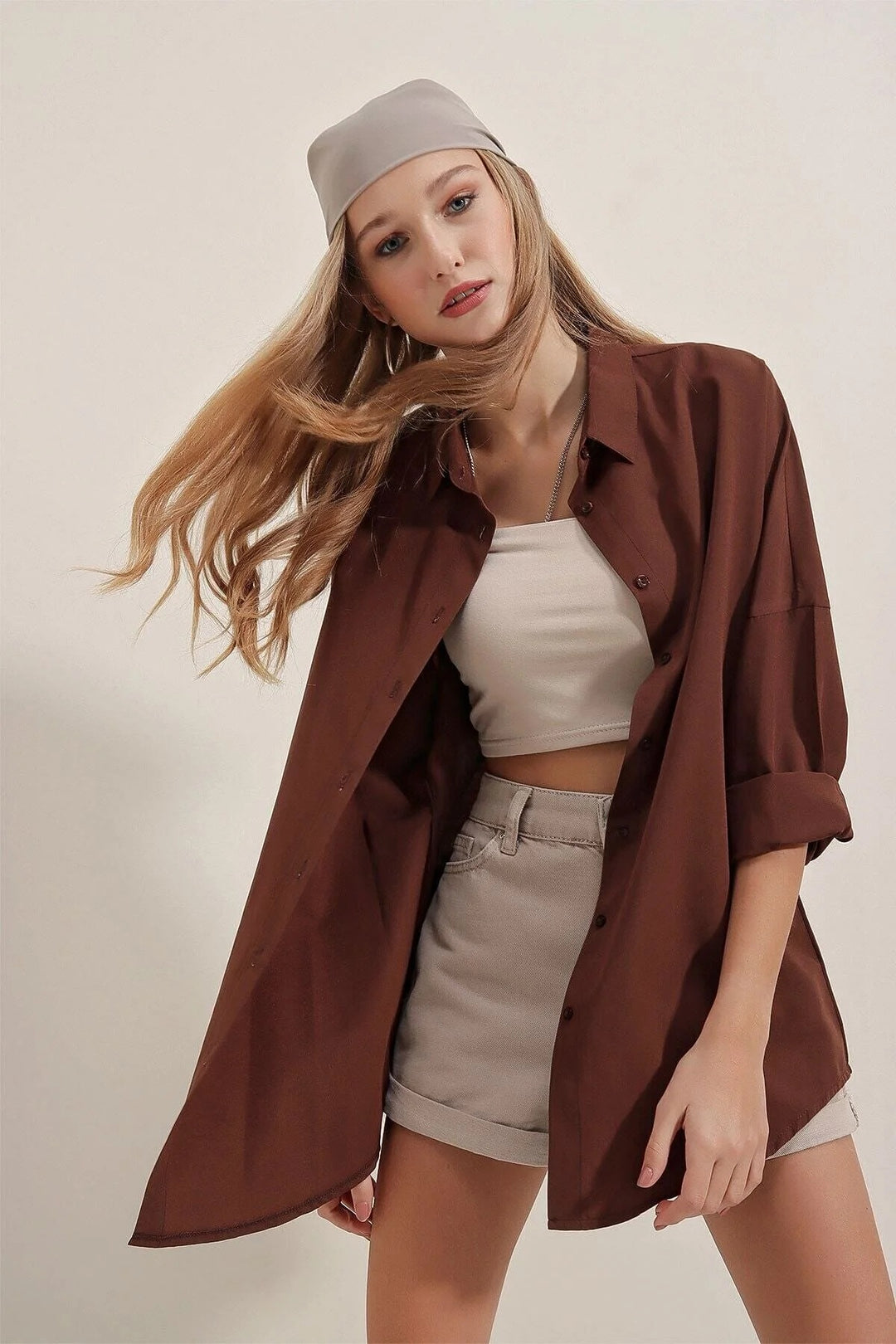 Bigdart 3900 Chemise Basique Oversize Longue Paquet de Deux - Blanc et Marron