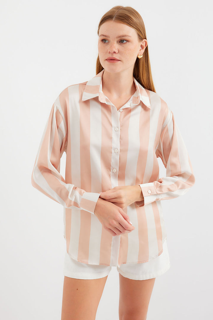 Bigdart 3964 Chemise en Satin Rayée Légère - Biscuit