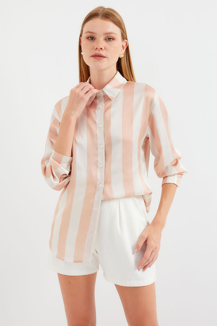 Bigdart 3964 Chemise en Satin Rayée Légère - Biscuit