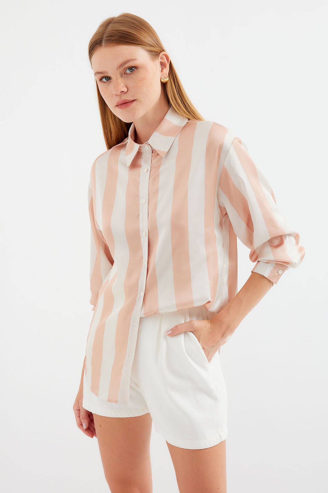 Bigdart 3964 Chemise en Satin Rayée Légère - Biscuit