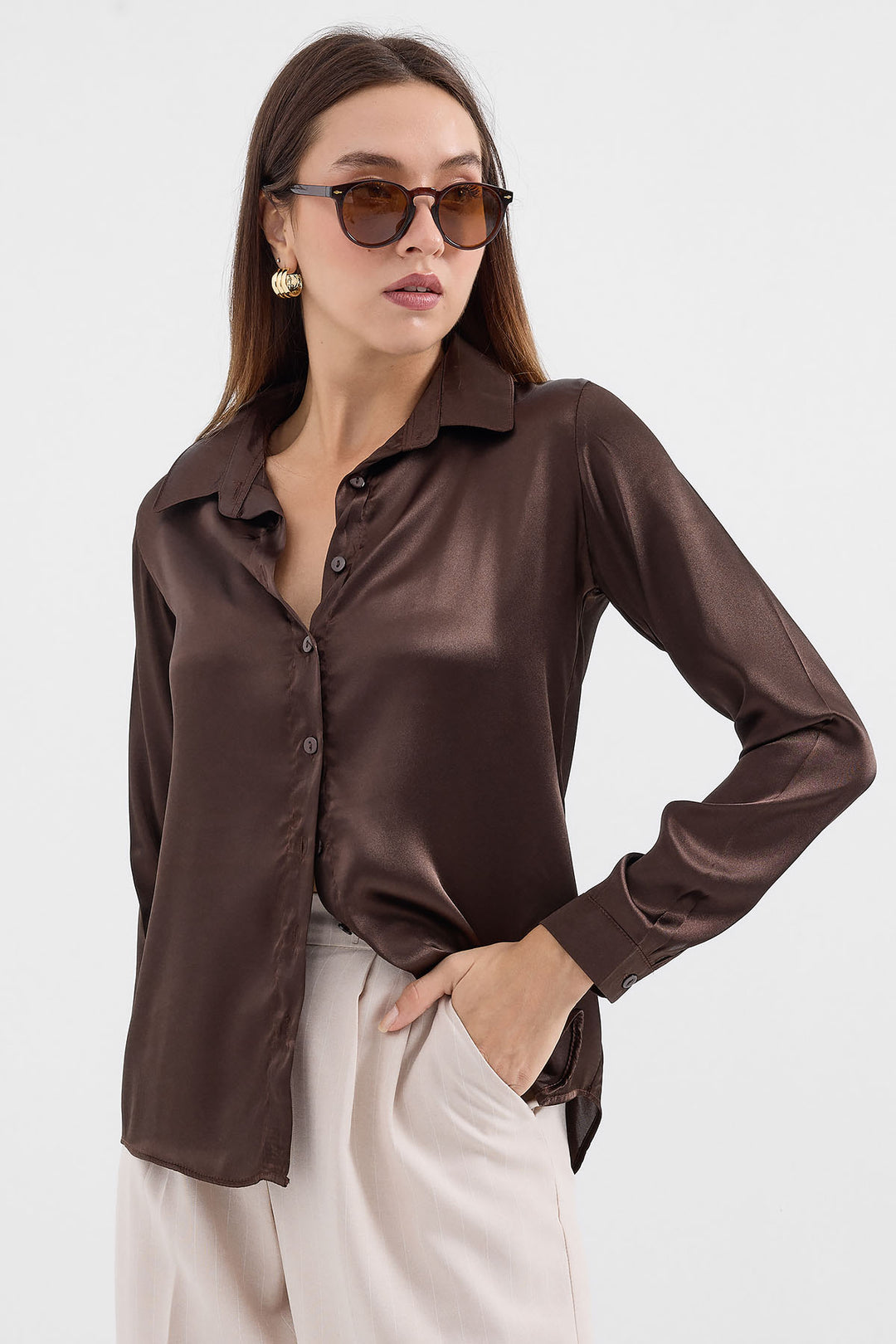Bigdart Chemise en satin légèrement drapée 3964 - Marron