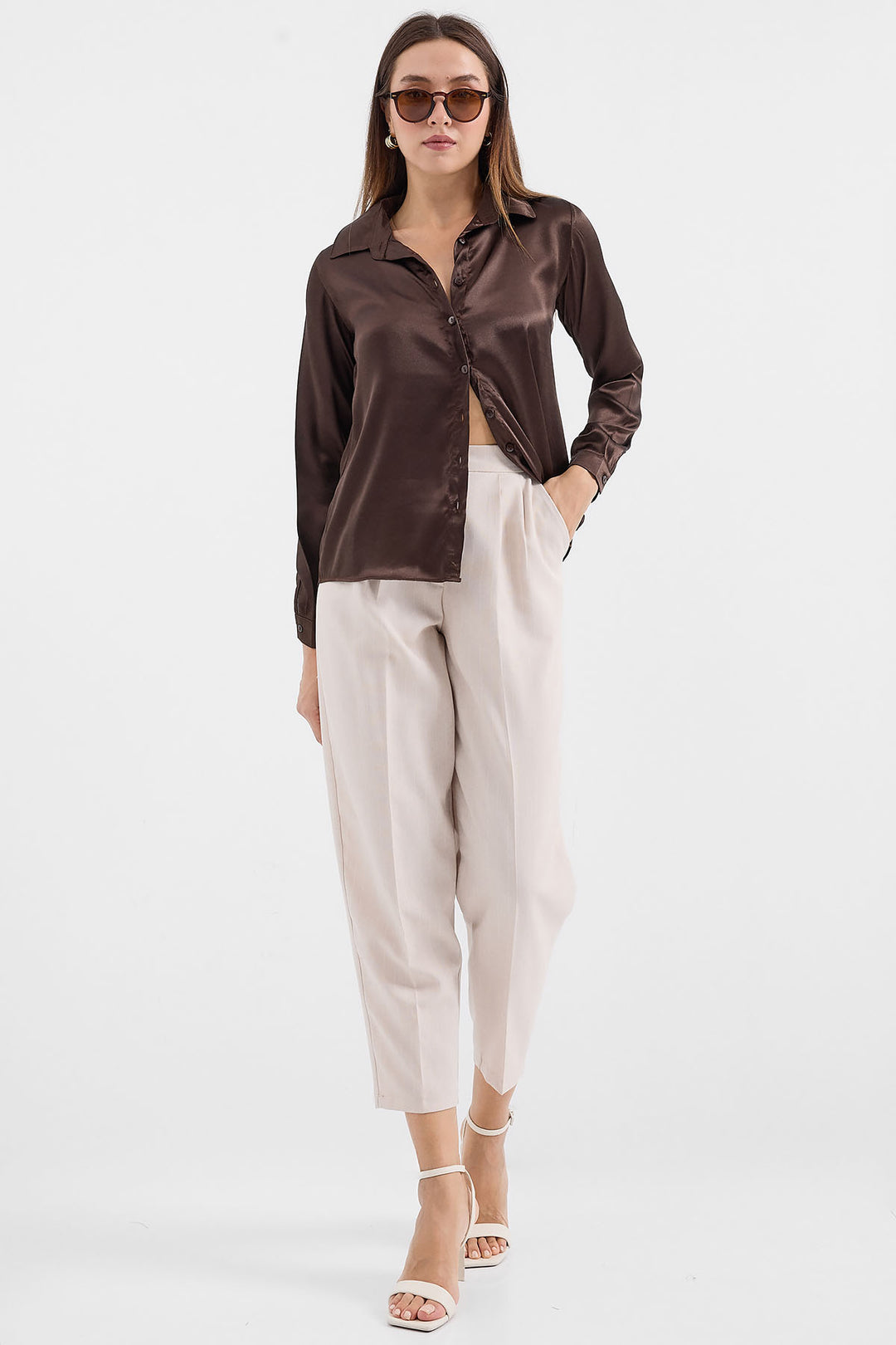 Bigdart Chemise en satin légèrement drapée 3964 - Marron