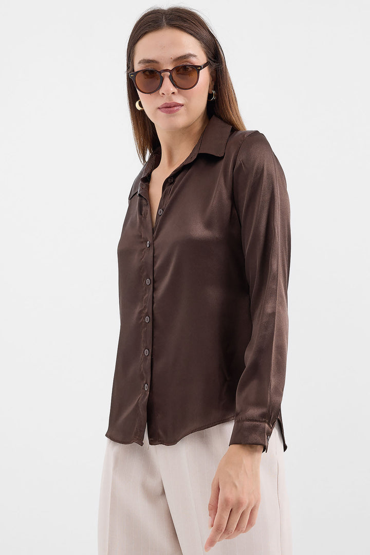 Bigdart Chemise en satin légèrement drapée 3964 - Marron