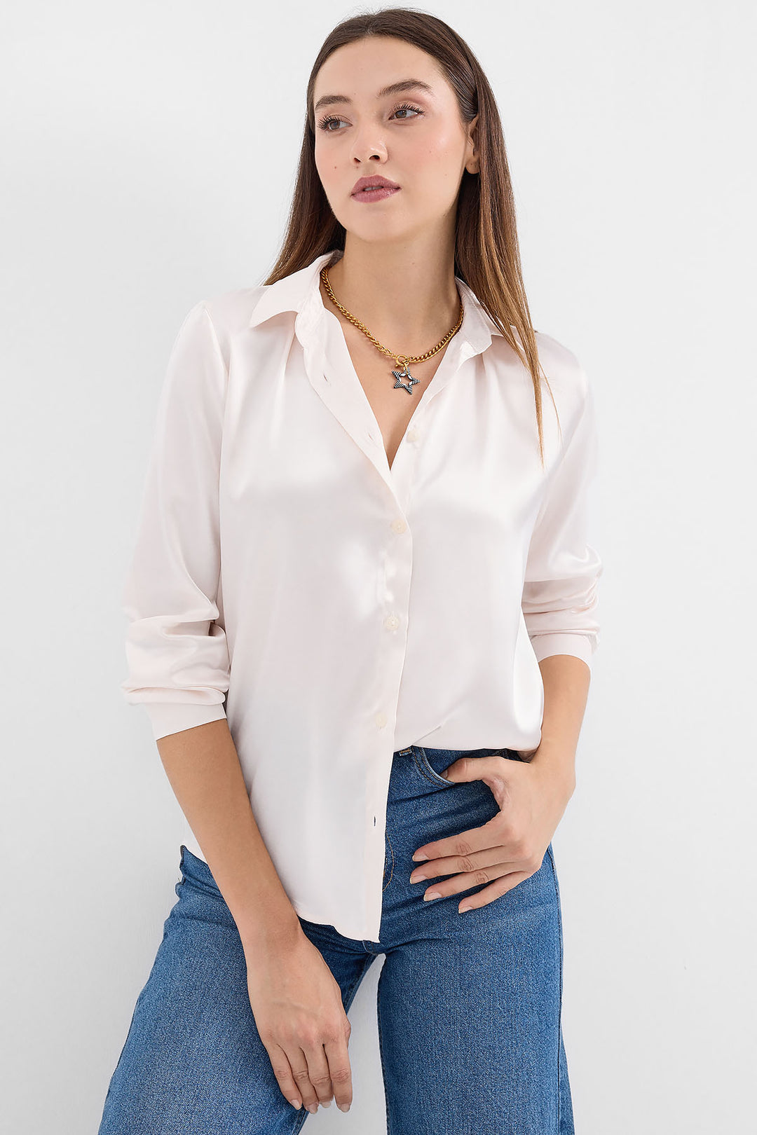 Bigdart 3964 Chemise en Satin Légèrement Drape - Crème