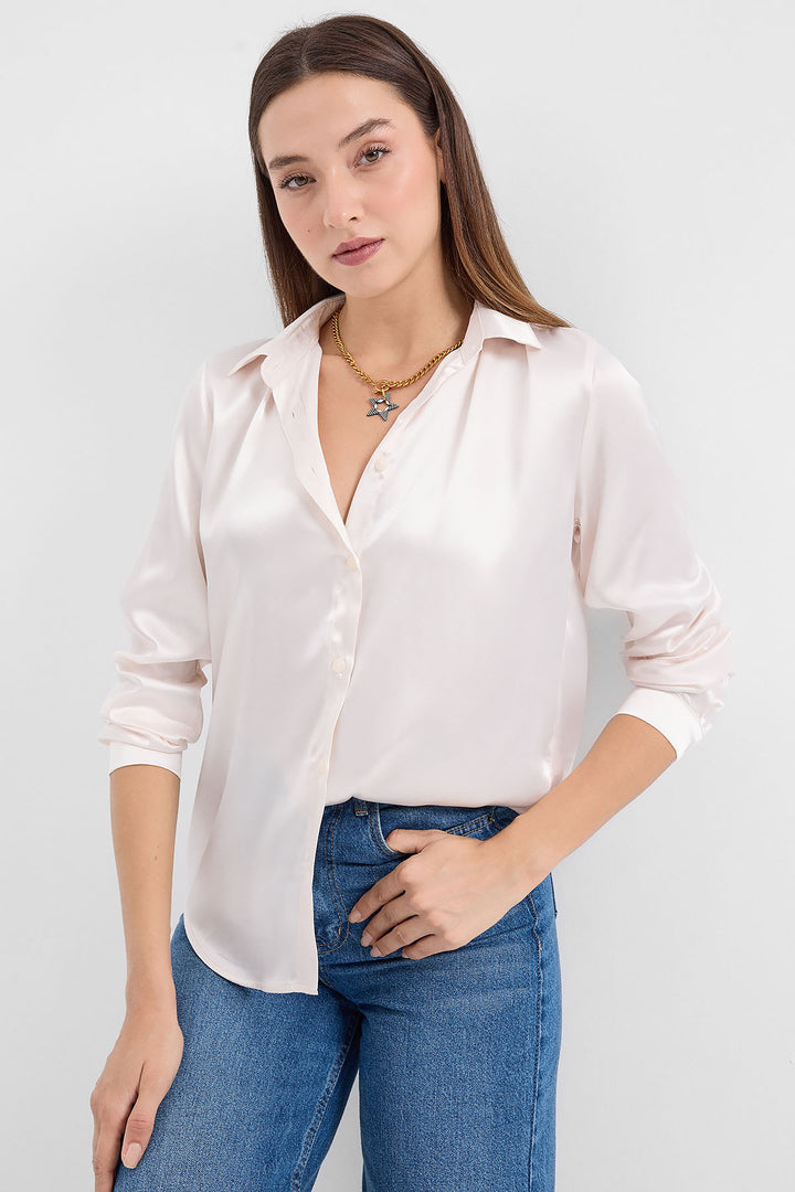 Bigdart 3964 Chemise en Satin Légèrement Drape - Crème