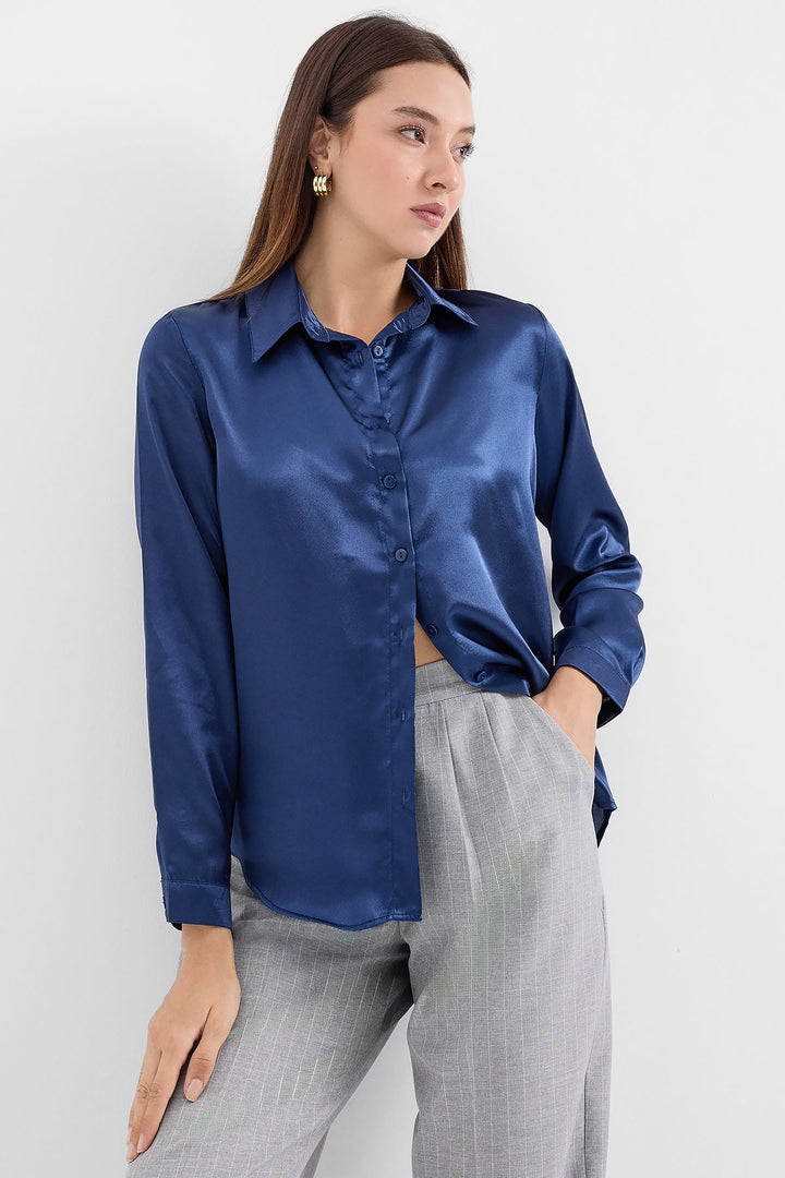 Bigdart Chemisier en satin léger drapé 3964 - Bleu marine