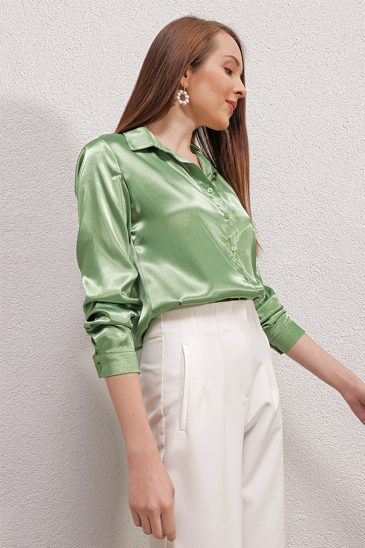 Bigdart 3964 Chemise en Satin Légèrement Drapée - Vert Clair