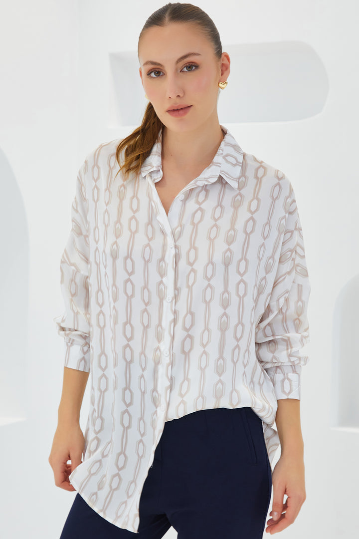 Bigdart Chemise en satin oversize beige et blanc à motifs pour femme 3985