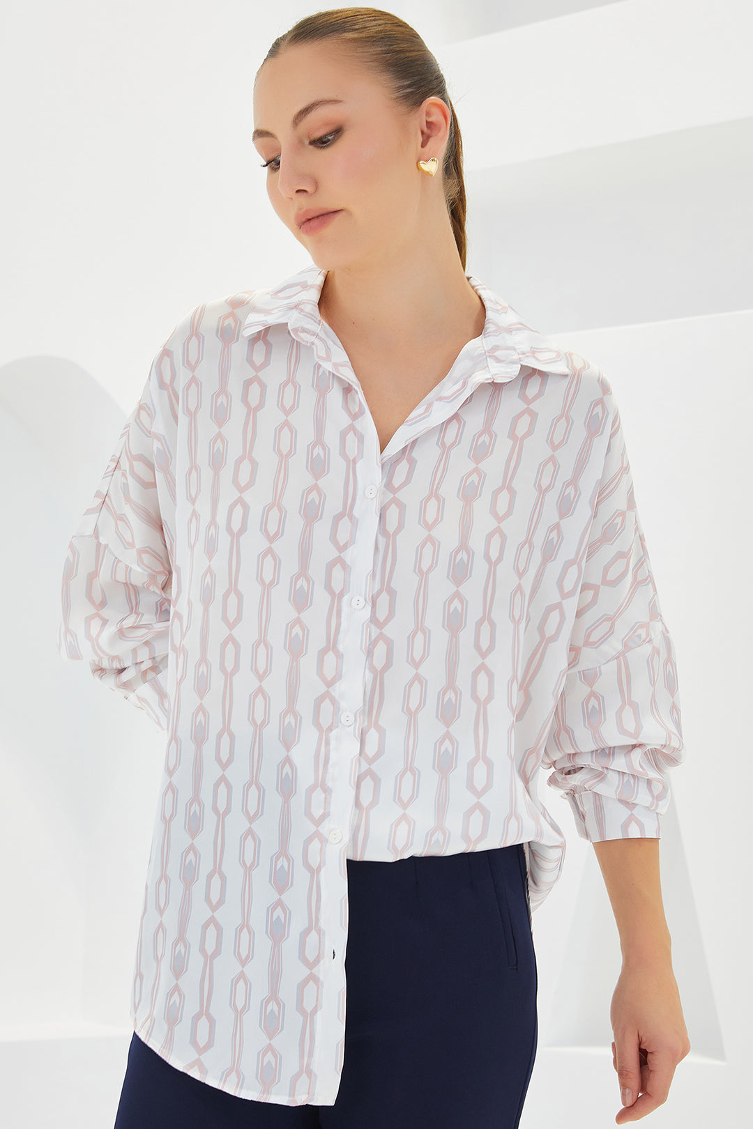 Bigdart Chemise en satin oversize à motifs rose et blanc pour femme 3985