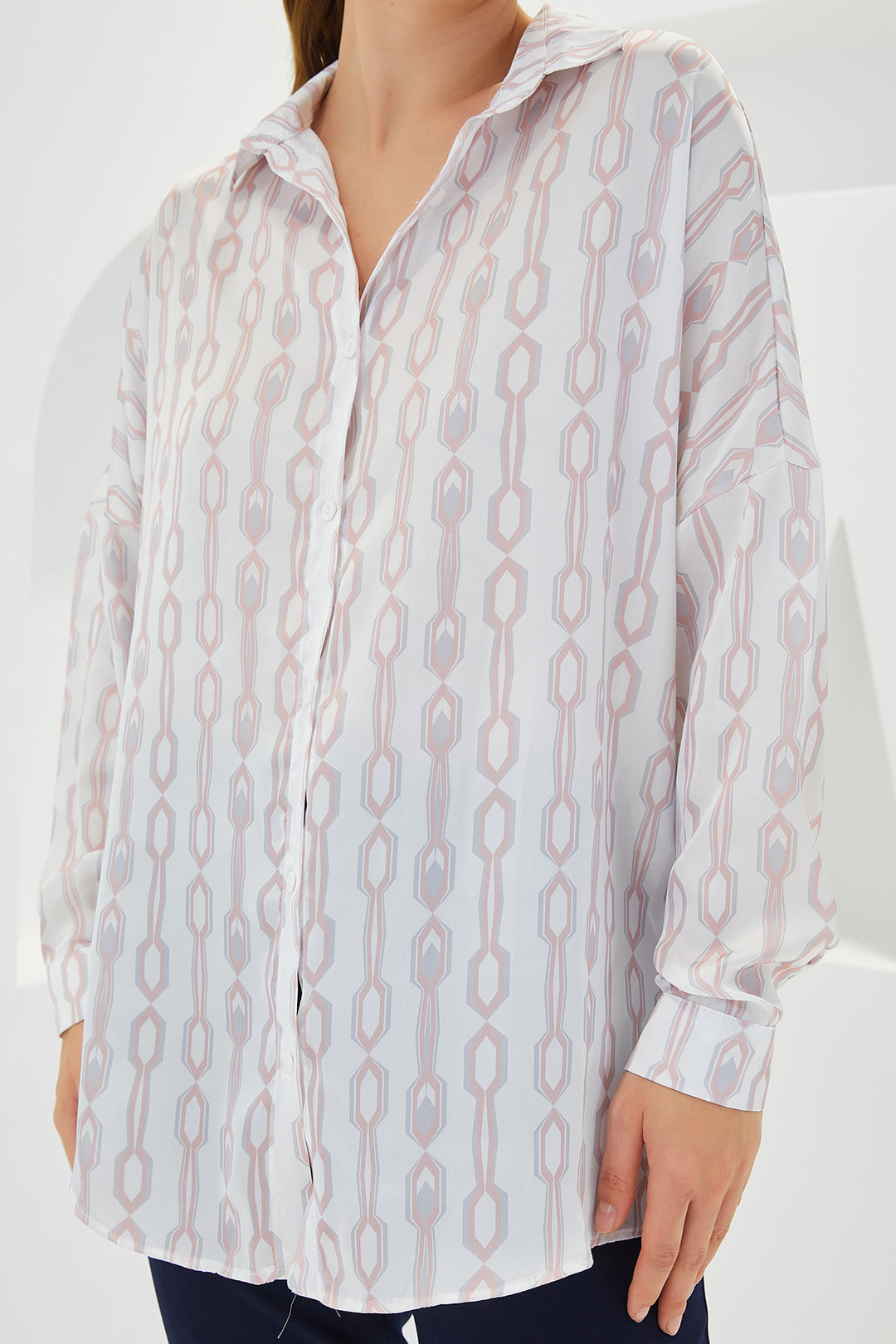 Bigdart Chemise en satin oversize à motifs rose et blanc pour femme 3985