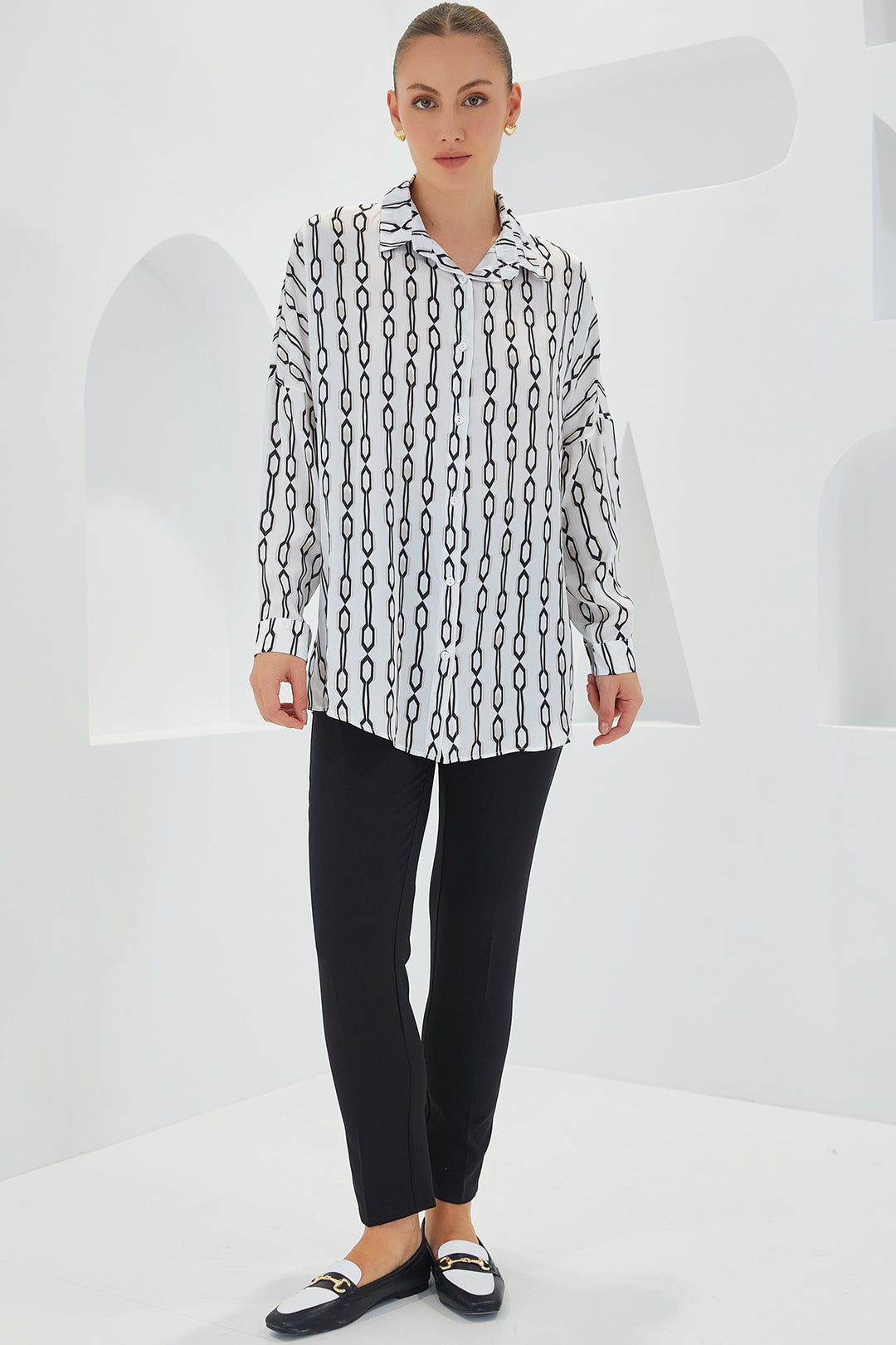 Bigdart Chemise en satin oversize noir et blanc à motifs pour femme 3985