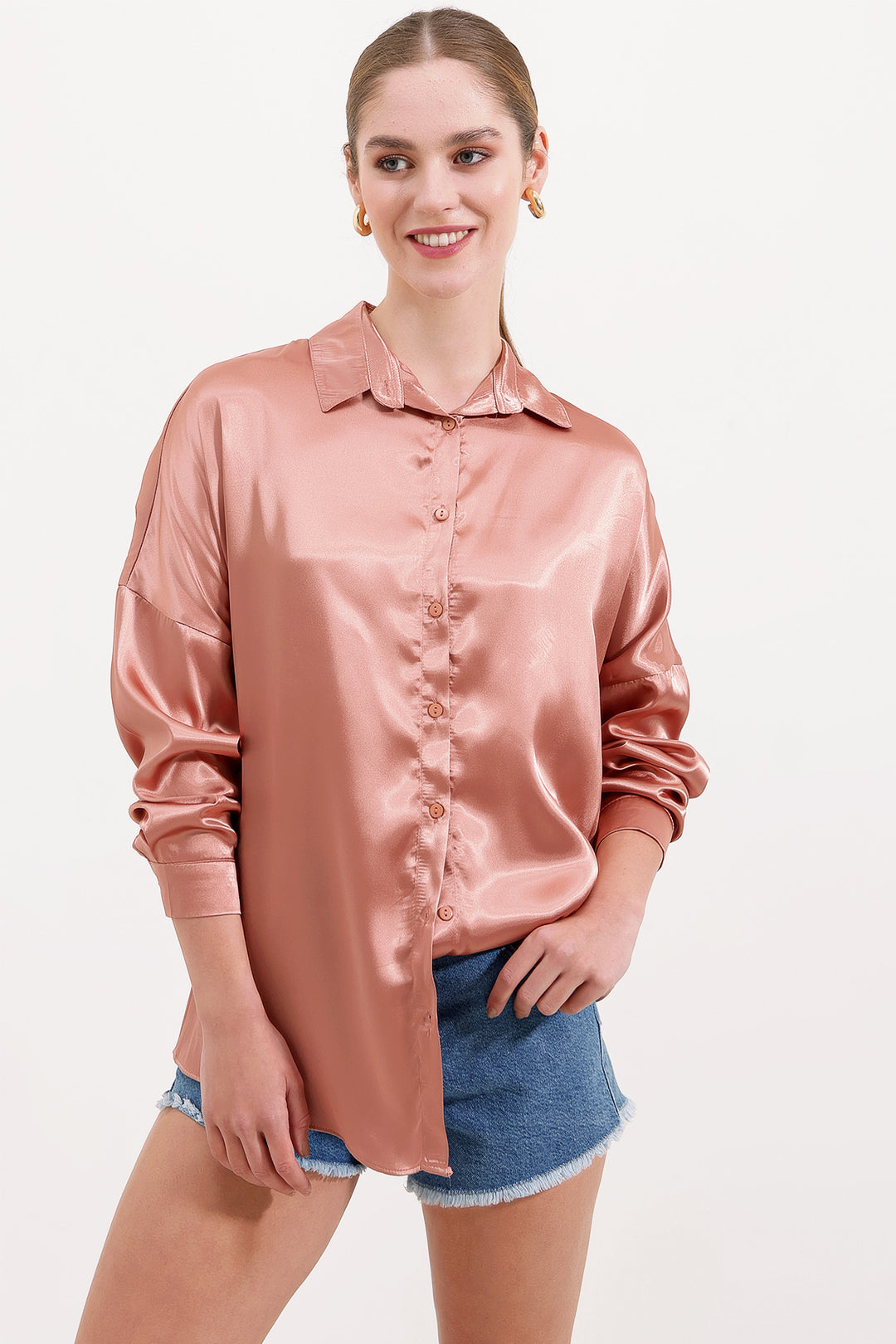 Bigdart 3985 Chemise Oversize en Satin - Camel