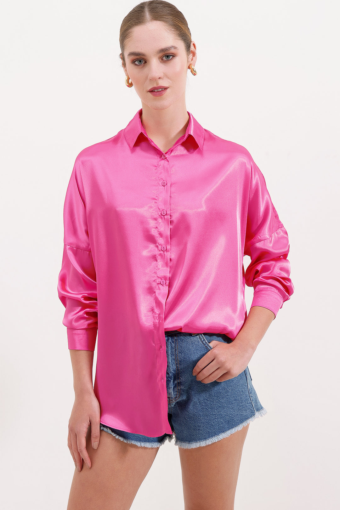 Bigdart 3985 Chemise Oversize en Satin - Fuchsia