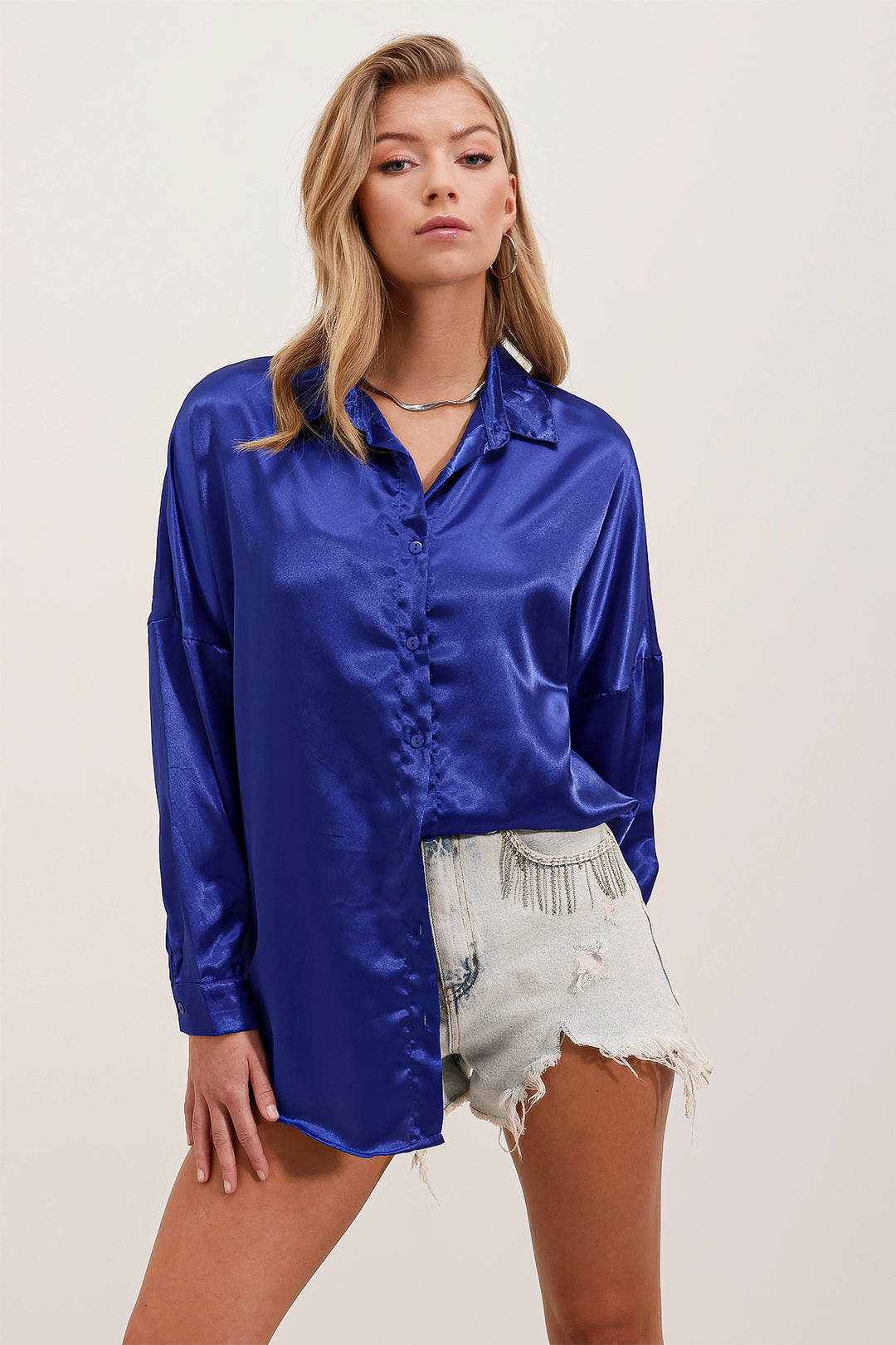 Bigdart 3985 Chemise en satin oversize - Bleu roi