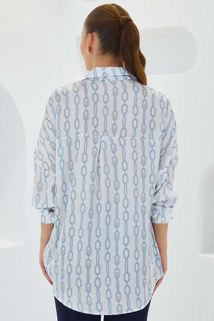 Bigdart Chemise en satin oversize turquoise et blanc à motifs pour femme 3985