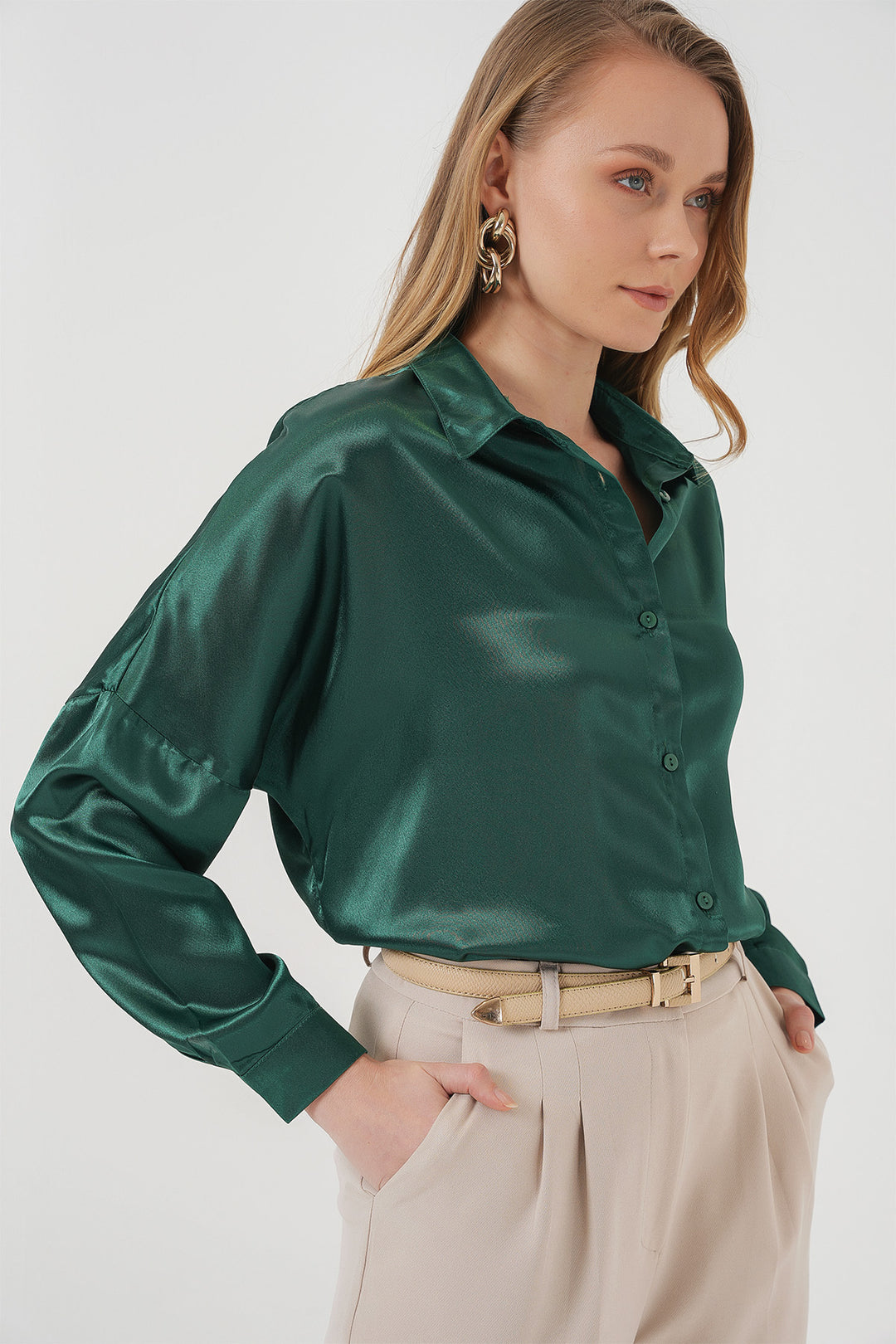 Bigdart 3985 Chemise oversize en satin - Vert émeraude