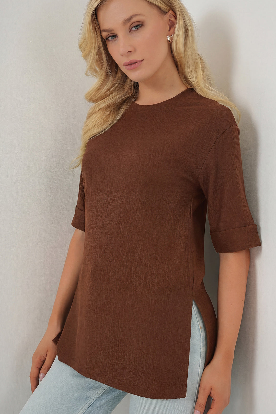 Bigdart T-shirt en tricot avec fente sur le côté 4332 - Marron