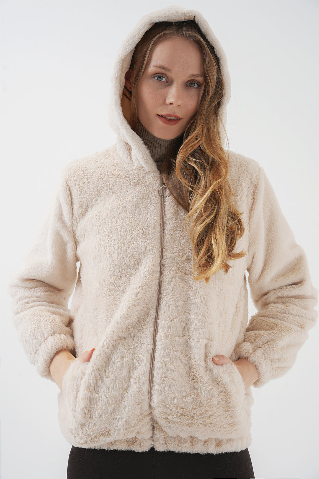 Bigdart Manteau en simili cuir avec capuche et doublure en fourrure - Crème