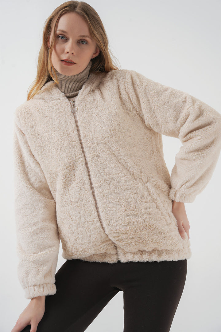 Bigdart Manteau en simili cuir avec capuche et doublure en fourrure - Crème