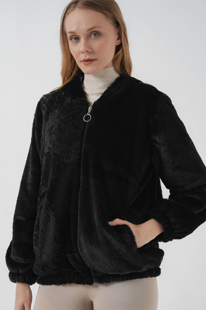 Bigdart Manteau en simili cuir avec capuche et doublure en fourrure - Noir