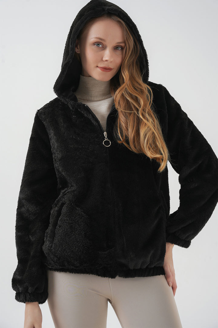 Bigdart Manteau en simili cuir avec capuche et doublure en fourrure - Noir