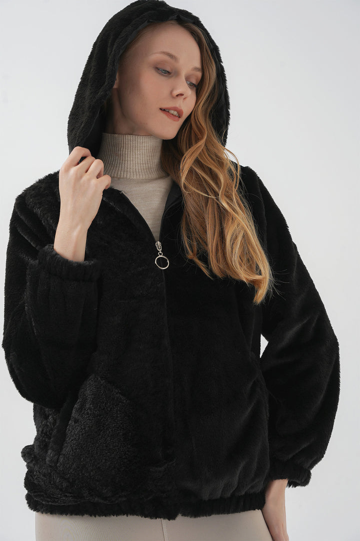 Bigdart Manteau en simili cuir avec capuche et doublure en fourrure - Noir
