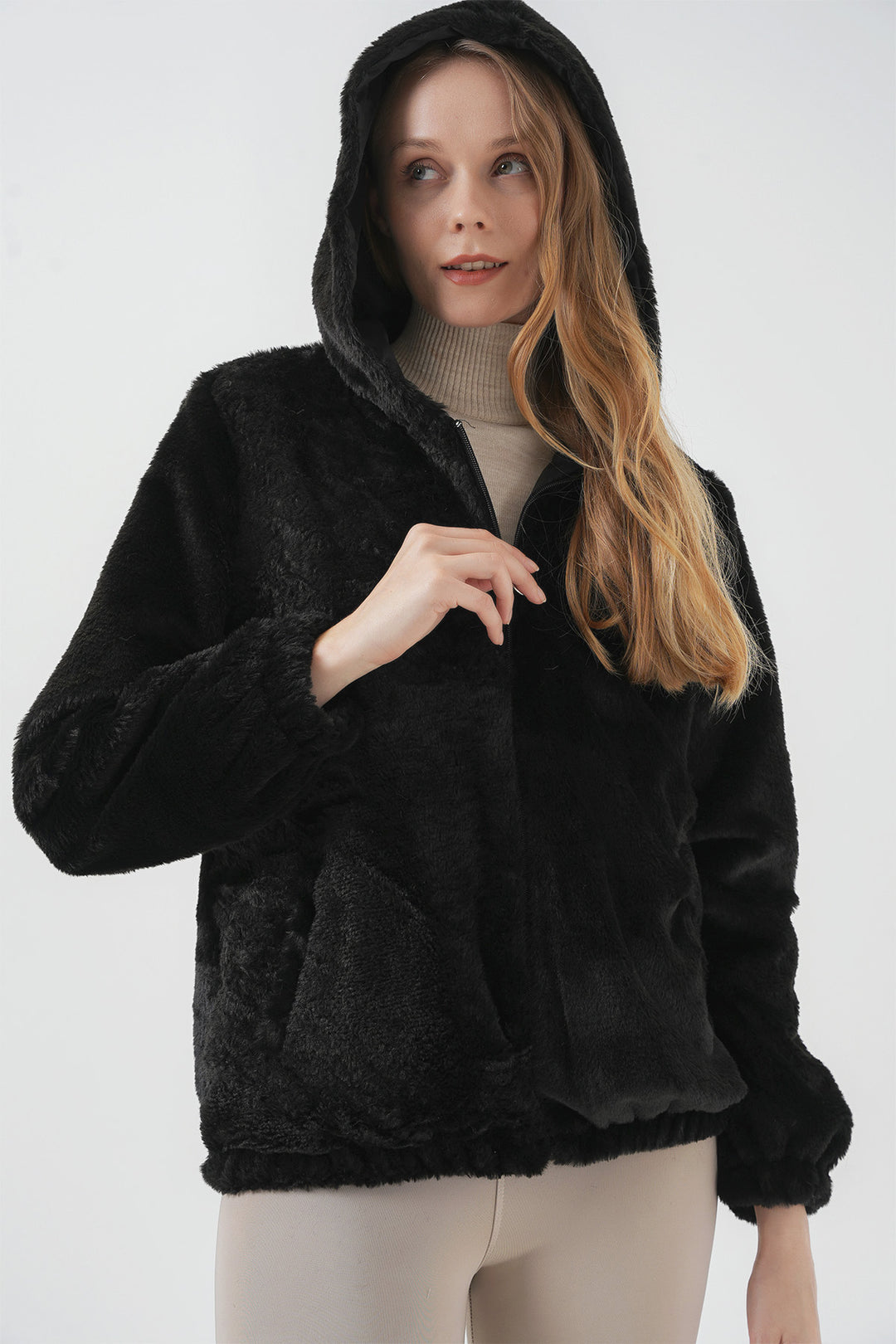 Bigdart Manteau en simili cuir avec capuche et doublure en fourrure - Noir