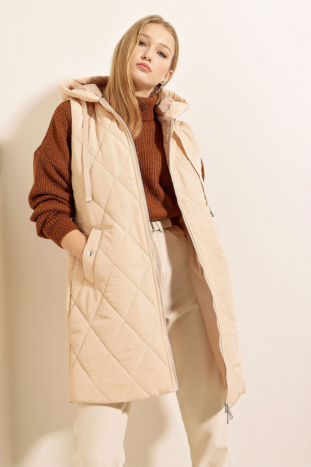 Bigdart Gilet long en doudoune avec capuche - Beige