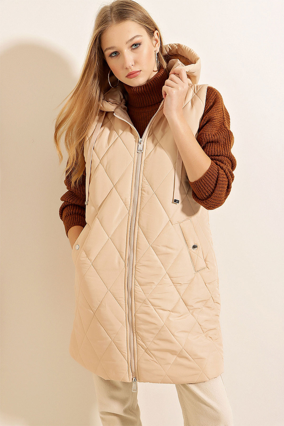 Bigdart Gilet long en doudoune avec capuche - Beige